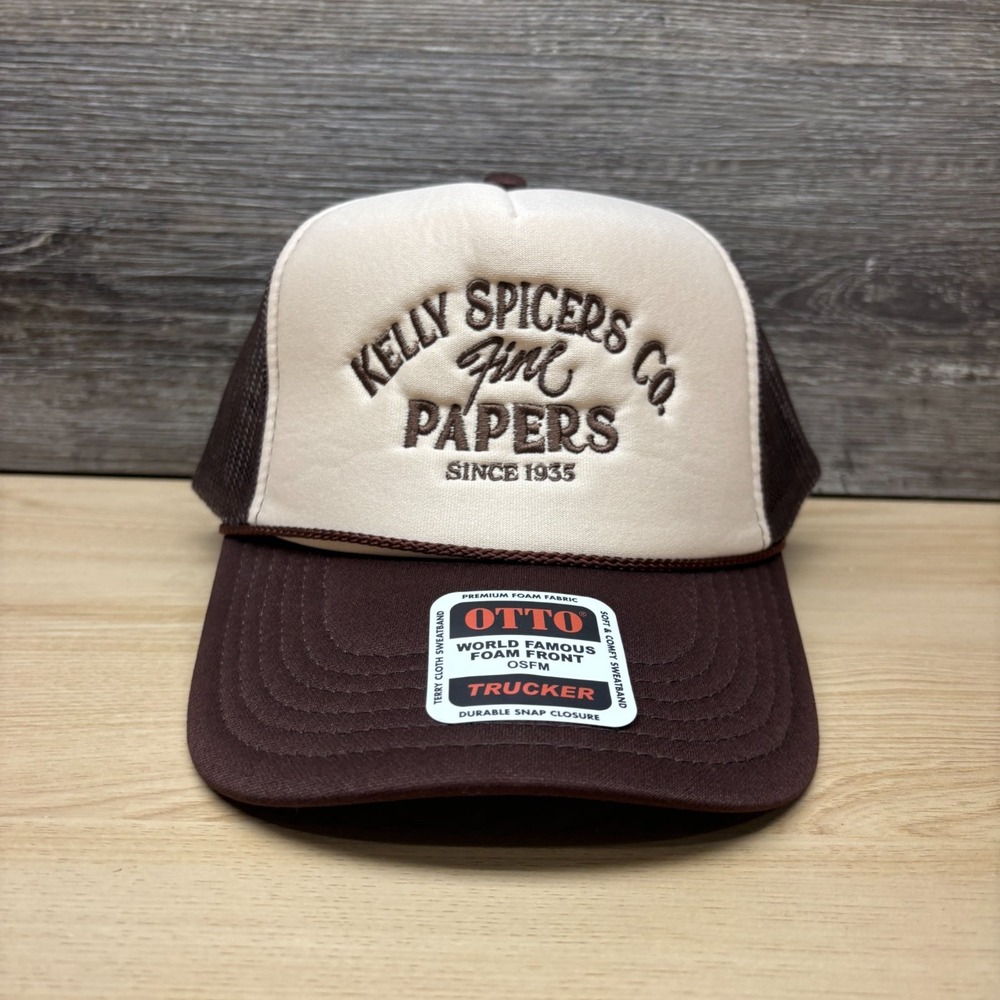 Kelly Spicers Fine Papers Hat Cap Snap Back Brown Beige Trucker Foam Front Logo